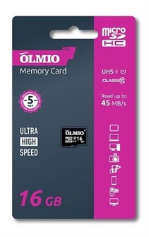 Карта памяти MicroSDHC 16Гб Class 10 Olmio UHS-I без адаптера